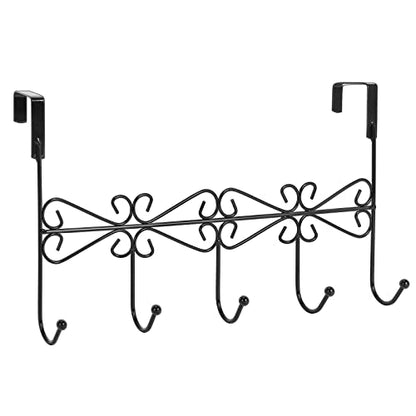 5 Pack Over The Door Hooks Hanger, Over The Door Towel Rack Coat Rack with 5 Hooks, Metal Hanging Organizer for Clothes Coat Hat Towel Bedroom Bathroom, Black