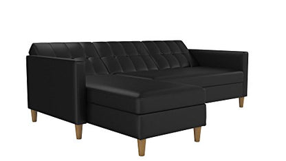 DHP Hartford Storage Sectional Futon with Interchangeable Chaise, Space-saving Design with Multi-position Back, Wooden Legs, Black Faux Leather