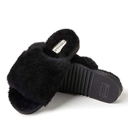 Dearfoams Women's Fireside Cairns Shearling Easy on/Off Slide Sandal Slipper, Black, 9