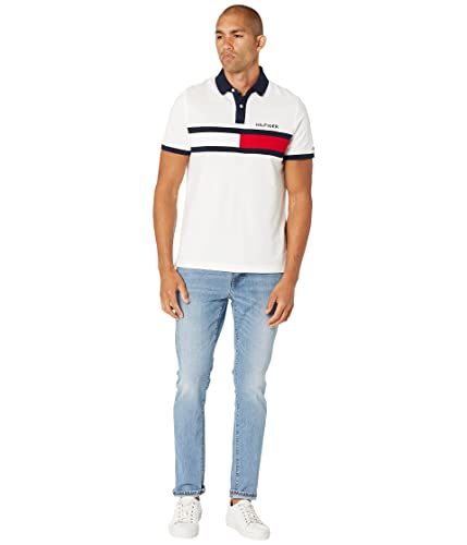 Tommy Hilfiger Men's Short Sleeve Cotton Pique Flag Polo in Regular Fit, Bright White, Large
