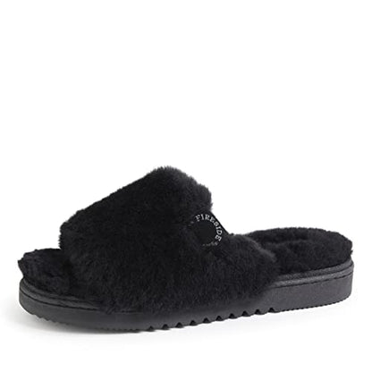 Dearfoams Women's Fireside Cairns Shearling Easy on/Off Slide Sandal Slipper, Black, 9