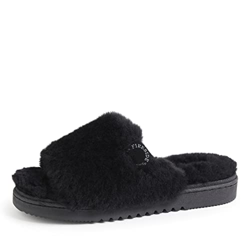 Dearfoams Women's Fireside Cairns Shearling Easy on/Off Slide Sandal Slipper, Black, 9