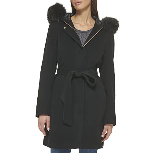 Cole Haan Women's Hooded Coat Slick Wool with Detatchable Faux Fur Trim, Black