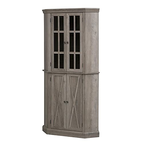 Home Source Kitchen Corner Cabinet with Doors, Wood Corner Hutch, Transparent Glass Doors, Bar Cabinet for Living Room, Kitchen, Farmhouse, Basement, Stone Grey