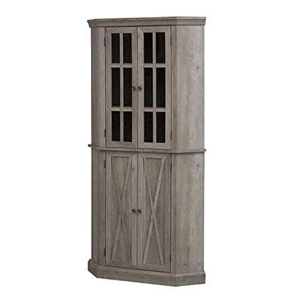 Home Source Kitchen Corner Cabinet with Doors, Wood Corner Hutch, Transparent Glass Doors, Bar Cabinet for Living Room, Kitchen, Farmhouse, Basement, Stone Grey