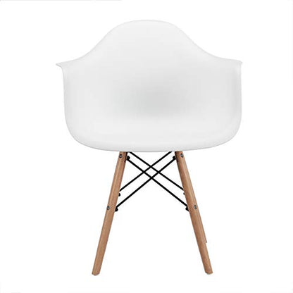CangLong Natural Wood Legs Mid Century Modern Molded Shell Lounge Plastic Arm Chair for Living, Bedroom, Kitchen, Dining, Waiting Room,2 PCs Pack- White, Set of 2, White