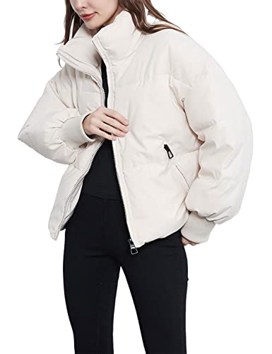 Tanming Womens Casual Puffer Jacket Long Sleeve Full Zip Black Padded Winter Coat (Beige, M)
