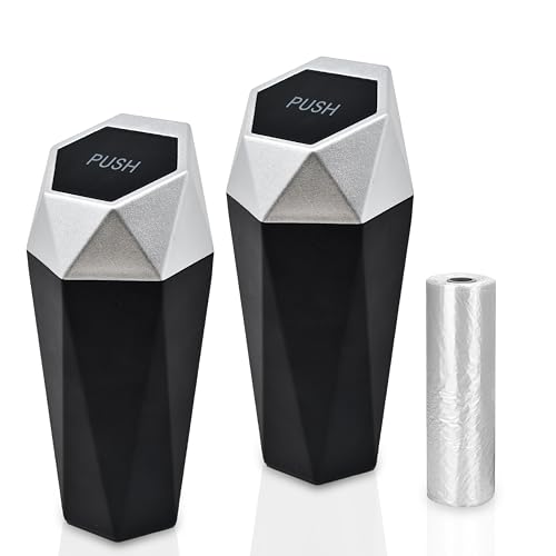 EcoNour 2 Packs Car Trash Can with Lid,Leakproof Vehicle Trash Bin with Removable lid & 30 pcs Garbage Bags,Easy to Clean Mini Garbage Bin for Automotive Car Home Office Kitchen Bedroom.