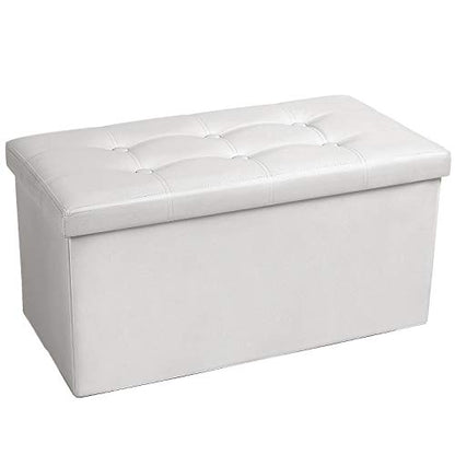 COSYLAND Ottoman Bench with Storage 30x15x15 inches White Ottoman for Room Folding Leather Ottoman Footrest Footstool Rectangle Collapsible Furniture with Lid for Bedroom Living Room
