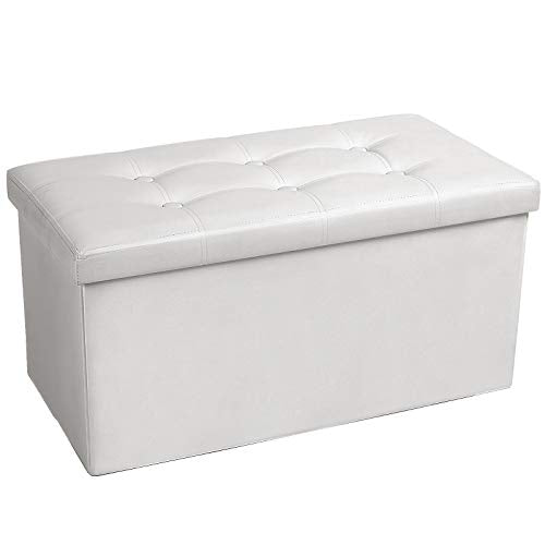 COSYLAND Ottoman Bench with Storage 30x15x15 inches White Ottoman for Room Folding Leather Ottoman Footrest Footstool Rectangle Collapsible Furniture with Lid for Bedroom Living Room