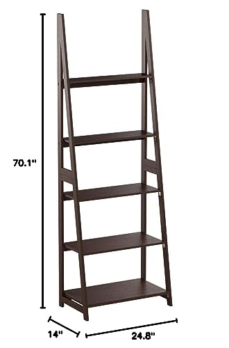 Amazon Basics Modern 5-Tier Ladder Bookshelf Organizer, Solid Rubberwood Frame, Espresso Finish, 14 D x 24.8 W x 70.1 H in