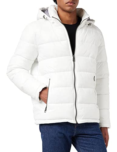 GUESS Men Mid-Weight Puffer Jacket with Removable Hood, White, Small