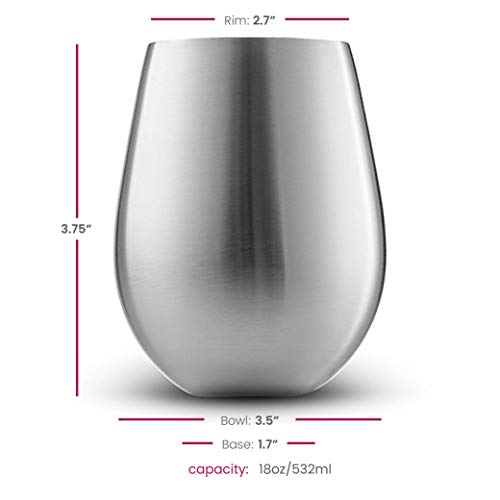 Stainless Steel Unbreakable Wine Glasses - 18 Ounce Set of 4 Wineglasses. Premium-Grade 18/8 Stainless Steel Red & White Stemless Wineglasses set, Portable Wine Tumbler, for Outdoor Events, Picnics
