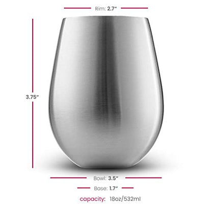Stainless Steel Unbreakable Wine Glasses - 18 Ounce Set of 4 Wineglasses. Premium-Grade 18/8 Stainless Steel Red & White Stemless Wineglasses set, Portable Wine Tumbler, for Outdoor Events, Picnics