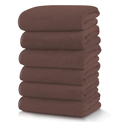 TENSTARS Silk Hemming Hand Towels for Bathroom - Quick Drying - Ultra Soft Microfiber Absorbent Towel for Bath Fitness, Gym, Shower, Hotel, and Spa - 16x28 Inch | Set of 6, Wood Brown