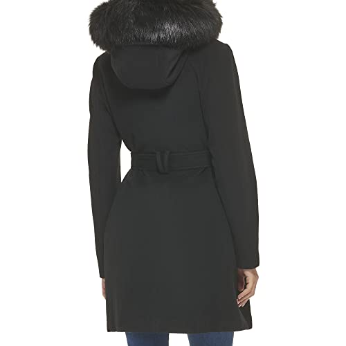 Cole Haan Women's Hooded Coat Slick Wool with Detatchable Faux Fur Trim, Black