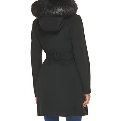 Cole Haan Women's Hooded Coat Slick Wool with Detatchable Faux Fur Trim, Black