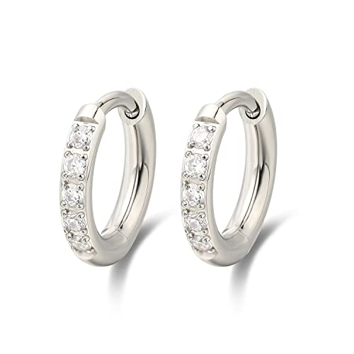 Limerencia Hypoallergenic Pure Titanium Pairs Small Huggie Hoop Earrings, Lightweight Cartilage Hoops Small Cubic Zirconia Cuff Earrings Mini Piercing Jewelry for Women Girls Teen (8mm, White CZ)