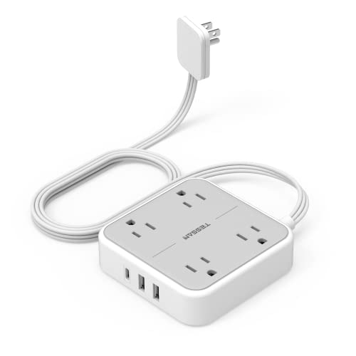Flat Plug Power Strip, TESSAN 5 ft Ultra Thin Extension Cord with 3 USB Wall Charger(1 USB C Port), 4 Outlets Slim Desk Charging Station Compact for Travel, Office, School, Dorm Room Essentials