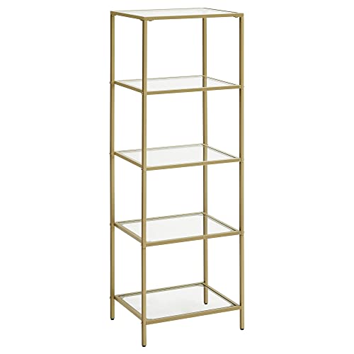 VASAGLE Bookcase, 5-Tier Bookshelf, Slim Shelving Unit for Bedroom, Bathroom, Home Office, Tempered Glass, Steel Frame, Metallic Gold ULGT029A01