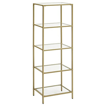 VASAGLE Bookcase, 5-Tier Bookshelf, Slim Shelving Unit for Bedroom, Bathroom, Home Office, Tempered Glass, Steel Frame, Metallic Gold ULGT029A01