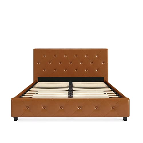 DHP Dakota Upholstered Platform Bed with Diamond Button Tufted Headboard and Footboard, No Box Spring Needed, Queen, Camel Faux Leather