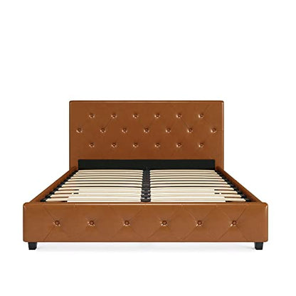 DHP Dakota Upholstered Platform Bed with Diamond Button Tufted Headboard and Footboard, No Box Spring Needed, Queen, Camel Faux Leather