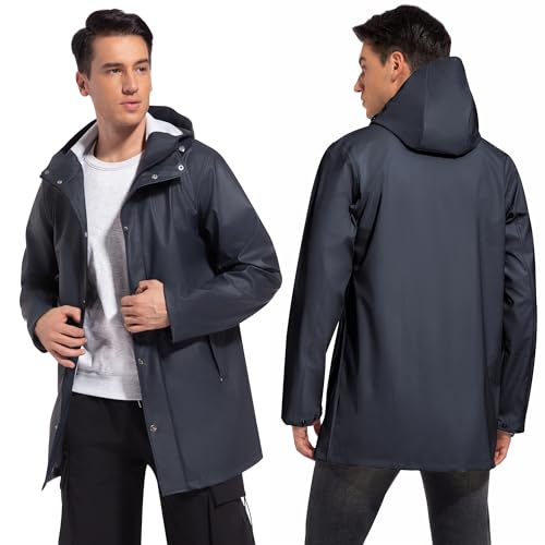 UNIQUEBELLA Men's Rain Jacket with Hooded Waterproof Active Long Raincoat Classic Rain Coats Windbreaker for Hiking Camping