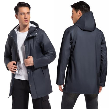 UNIQUEBELLA Men's Rain Jacket with Hooded Waterproof Active Long Raincoat Classic Rain Coats Windbreaker for Hiking Camping