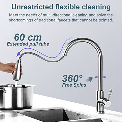 Single Handle High Arc Brushed Nickel Pull Out Kitchen Faucet,Single Level Stainless Steel Kitchen Sink Faucets with Pull Down Sprayer
