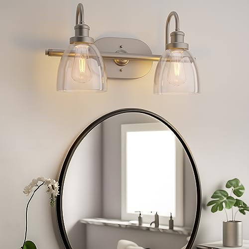 NeuType 2-Light Bathroom Light Fixtures, Brushed Nickel Vanity Light, Bathroom Light Fixtures Over Mirror, Vanity Lights for Bathroom with Clear Glass Shade