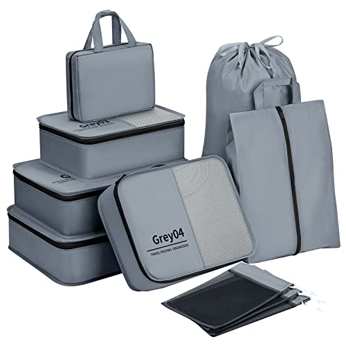 Easortm Packing Cubes for Travel, Luggage Organizer for Suitcase 10 Set Travel Packing Organizer with Laundry Bag, Portable Suitcase Organizer for Travel Essentials. (Grey)