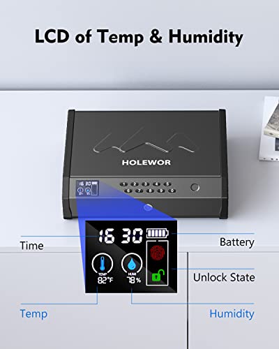 HOLEWOR Gun Safe, Biometric Gun Safes for Pistols with LCD Display of Temperature Humidity, Fingerprint Quick Access Pistol Safe Sturdy Handgun Safe with USB C Port Black