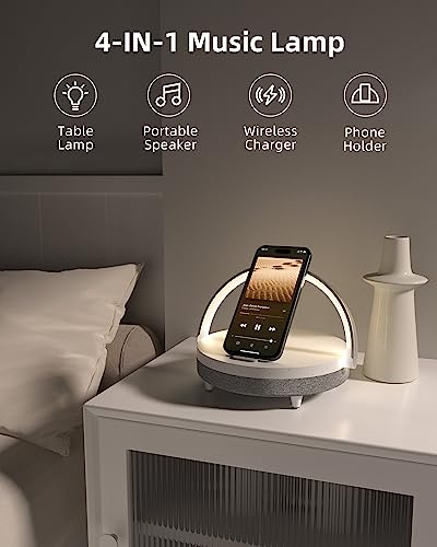 Gift for Her, EZVALO Music Table Lamp with Wireless Charger, 4 in 1 Touch Bedside Lamp, Portable Bluetooth Speaker, Phone Holder, Dimmable LED Night Light Birthday Gifts for Women, Men, Dad, Mom