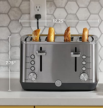 GE Stainless Steel Toaster | 4 Slice | Extra Wide Slots for Toasting Bagels, Breads, Waffles & More | 7 Shade Options for the Entire Household to Enjoy | Countertop Kitchen Essentials | 1500 Watts