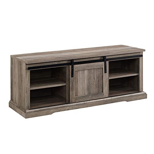 Walker Edison Farmhouse Sliding Grooved Door Entryway Bench Shoe Storage Shelf Hallway Organizer, 48 Inch, Grey Wash