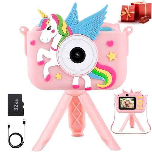 Kids Camera for Girls,2.4-in Kids Camera with Tripod Timelapse Camera with 32GB SD Card 1080 HD Digital Video Camera for 3-12 Years Old Girls Boys Toddler Selfie Camera with Silicone Cover