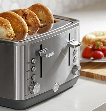 GE Stainless Steel Toaster | 4 Slice | Extra Wide Slots for Toasting Bagels, Breads, Waffles & More | 7 Shade Options for the Entire Household to Enjoy | Countertop Kitchen Essentials | 1500 Watts