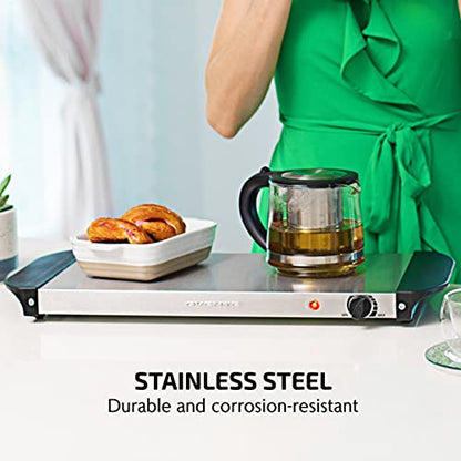 Ovente Electric Warming Tray with Adjustable Temperature Control Perfect for Buffets, Restaurants, House Parties, Events & Dinners, Compact Food Warmer & Server with Cool Touch Handles, Silver FW170S