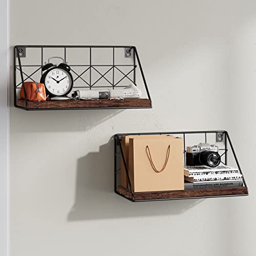 JOIN IRON Floating Set of 2 Wall Mounted Floating Shelves Wood Rustic Storage Shelves for Bedroom, Bathroom, Living Room(Brown)