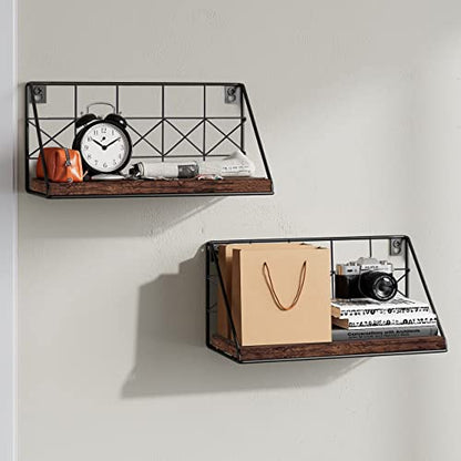 JOIN IRON Floating Set of 2 Wall Mounted Floating Shelves Wood Rustic Storage Shelves for Bedroom, Bathroom, Living Room(Brown)