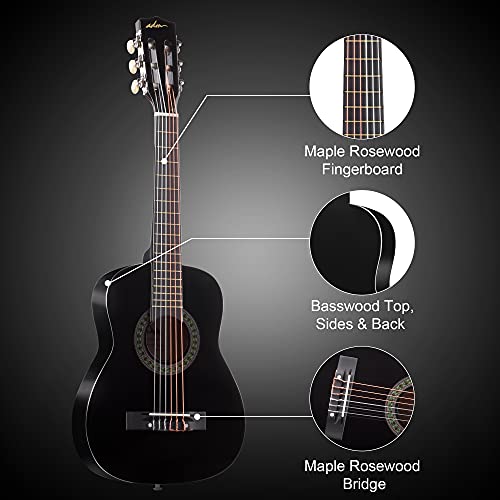ADM Beginner Acoustic Classical Guitar 30 Inch Nylon Strings Wooden Guitar Bundle Kit for Kid Boy Girl Student Youth Guitarra Free Online Lessons with Gig Bag, Strap, Tuner, String, Pick, Black Color