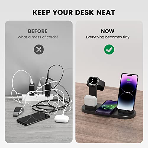 Magnetic Wireless Charger, 4 in 1 Wireless Charging Station Multiple Devices for Apple iPhone 15/15 Pro/15 Plus/15 Pro Max, 14,13,12 Pro/Max/Mini/Plus, AirPods, Apple Watch - Black