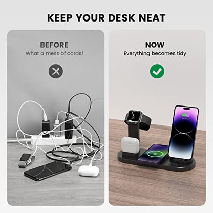 Magnetic Wireless Charger, 4 in 1 Wireless Charging Station Multiple Devices for Apple iPhone 15/15 Pro/15 Plus/15 Pro Max, 14,13,12 Pro/Max/Mini/Plus, AirPods, Apple Watch - Black