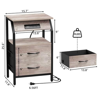 SZLHANJZ Storage End Table, Charging Nightstand with 2 Drawers, Small Fabric Dresser for Bedside, Wood and Metal Side Table for Bedroom, Living Room, Dorm, Grey Oak
