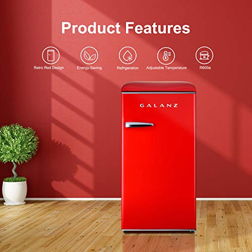 Galanz GLR33MRDR10 Retro Compact Refrigerator, Single Door Fridge, Adjustable Mechanical Thermostat with Chiller, 3.3 Cu Ft, Red