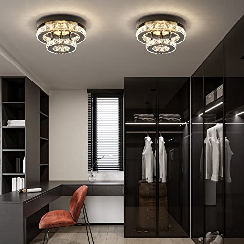 ECOBRT Mini Crystal Chandeliers Modern Black Flush Mount Ceiling Light Surface Mount Led Ceiling Light Bedroom Ceiling Lights Indoor 9.8" Diameter Black 3000K
