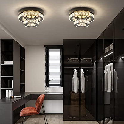 ECOBRT Mini Crystal Chandeliers Modern Black Flush Mount Ceiling Light Surface Mount Led Ceiling Light Bedroom Ceiling Lights Indoor 9.8" Diameter Black 3000K