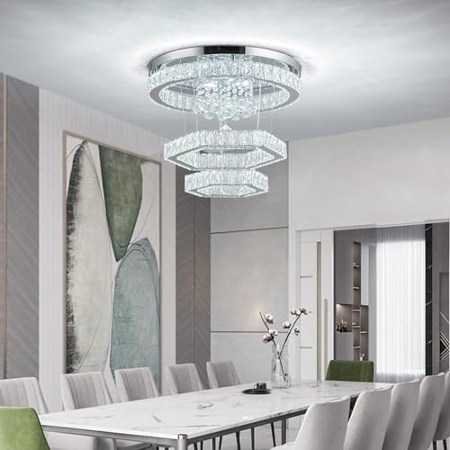 Zswanbei 19.6" Crystal LED Chandelier Pendant Light Fixture Stainless Steel 3 Ring Modern Ceiling Lamps for Living Room Dining Room Bedroom (Cool White)