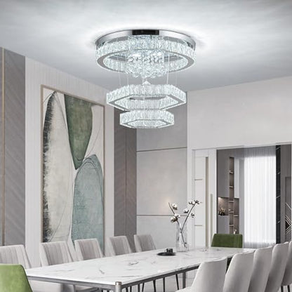Zswanbei 19.6" Crystal LED Chandelier Pendant Light Fixture Stainless Steel 3 Ring Modern Ceiling Lamps for Living Room Dining Room Bedroom (Cool White)